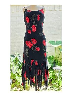 Vintage 90s Gothic Rose Beaded Handkerchief Hem Slip Dress 🌹✨